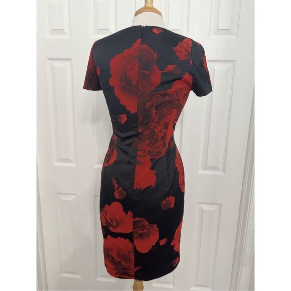 Escada Poppy Black Red Floral Square Neck Short Sleeve Sheath Dress Size 36 M - Picture 3 of 5